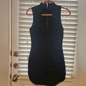 Lovely Day Black Dress With Curved Hem And Neck Detail